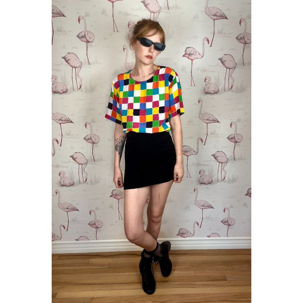 Vintage 80s Caren Charles Multicolored Checkered Top Size M